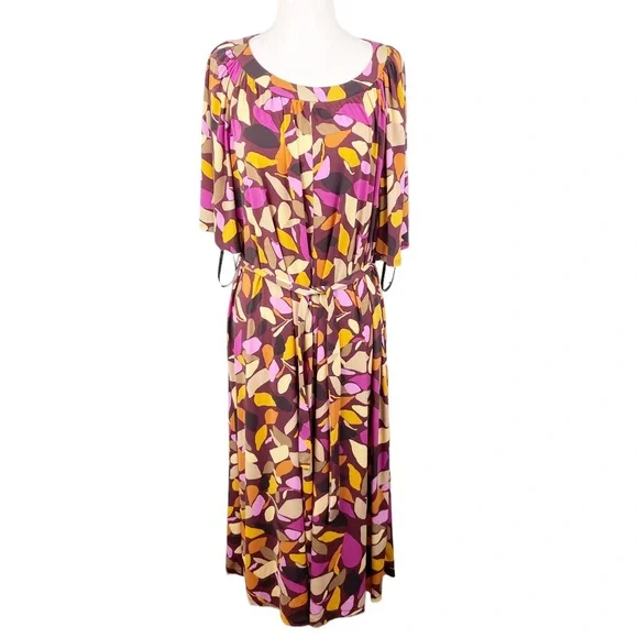 NEW Maggy London Women's Bell Sleeve Shirred Tent Dress Maroon Gold US Size 14 - Picture 2 of 12